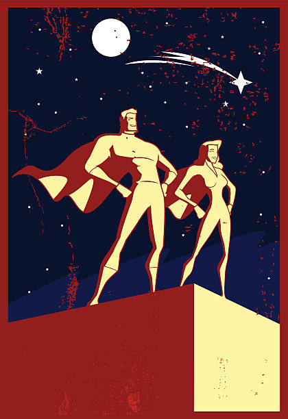 ilustrações, clipart, desenhos animados e ícones de vetor de propaganda de super-herói com dossel estilo - men retro revival 1950s style comic book