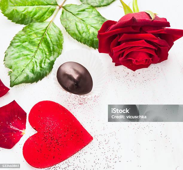 Valentines Day Border With Big Red Heart Roses And Chocolate Stock Photo - Download Image Now