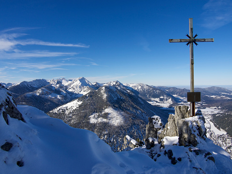 Winter landscape in the Bavarian Alps - view from a mountain summit on Bayrischzell and the mountain range