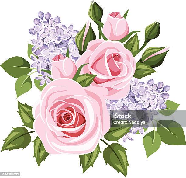 Pink Roses And Lilac Flowers Vector Illustration Stock Illustration - Download Image Now - Illustration, 2015, Beauty