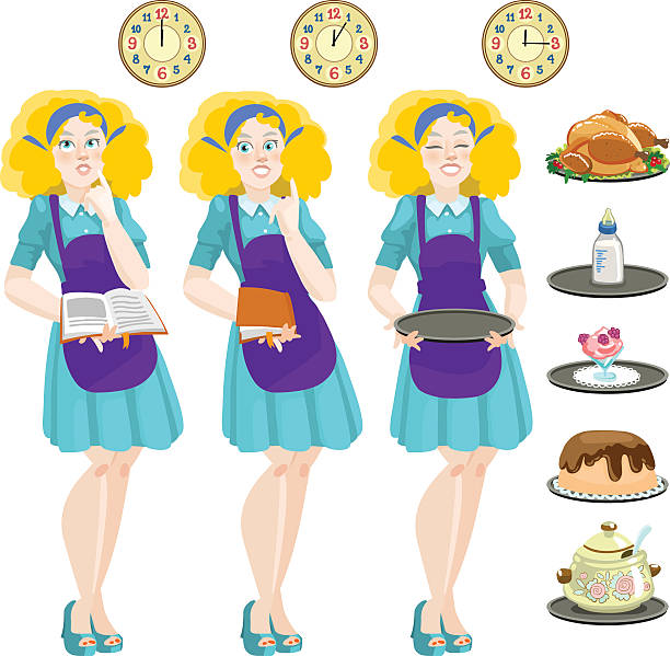 ilustrações, clipart, desenhos animados e ícones de linda dona de casa com uma bandeja de comida - women meat working tray