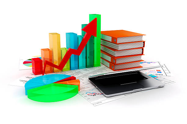 istock 3d laptop and business elements on white background 533462719
