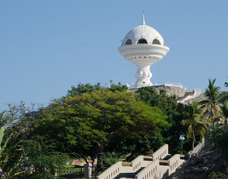 Huge replica of an Omani incense burner overlooks the harbor at Muttrah and stands as a famous symbol of the Sultanate of Oman.  The structure adjoins Riyam Park.