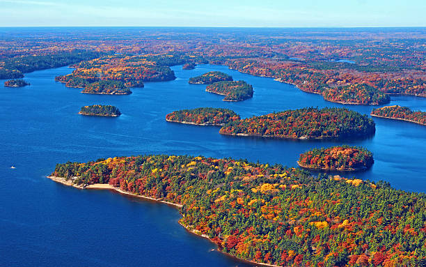 Thirty Thousand Islands Georgian Bay with fall colors dotted islands from a plane great lakes photos stock pictures, royalty-free photos & images