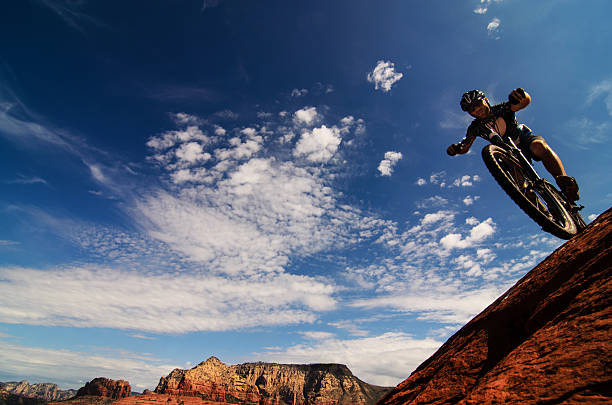 Mountain Bike Sport Activity Panorama Male Mountain biker riding steep down. red rocks state park arizona photos stock pictures, royalty-free photos & images