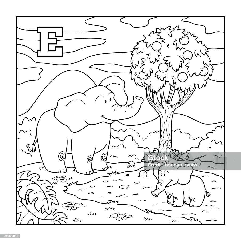 Coloring book (elephant), colorless alphabet for children: lette Coloring book (elephant), colorless alphabet for children: letter E Coloring Book Page - Illlustration Technique stock vector