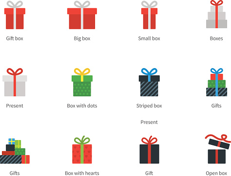 Perfect pictogram collection of shop and present objects, red gift box, big and small packages, open box and abstract box with hearts. Flat design style icons set. Isolated on white background.