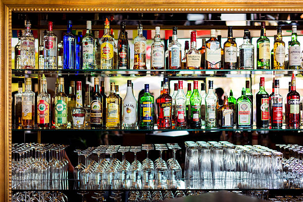 bottles at a bar stock photo