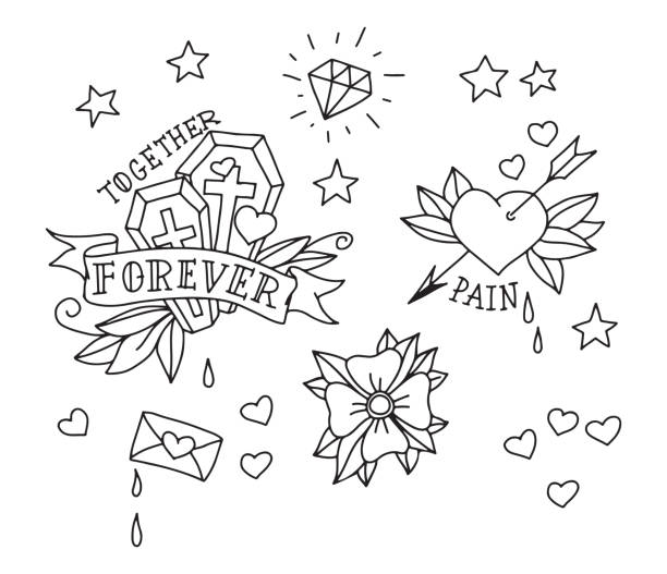 zestaw elementów ręcznie rysowane tatuaż - love flower single flower letter stock illustrations