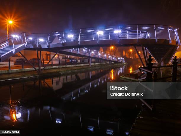 Pedastrian Bridge In Tullamore Ireland At Night Stock Photo - Download Image Now - 2015, Architecture, Blue