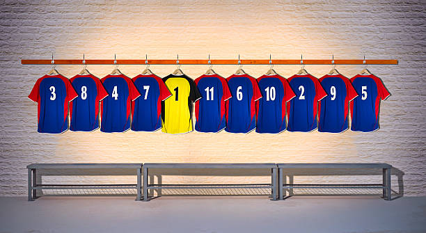 Row of Football Shirts Blue-Yellow 3-5 stock photo