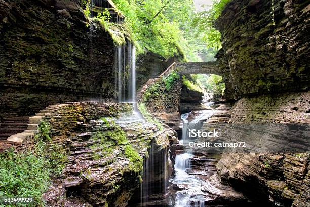 Bridge Over Waterfall In Watkins Glen Park New York Stock Photo - Download Image Now
