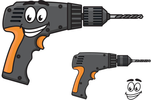 Smiling DIY hand drill with a happy face Smiling hand drill with a happy face and metal bit in the chuck with a second variant with no face and a separate smile chuck drill part stock illustrations