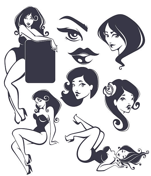 vector collection of pinup girls and faces womans, bodies and faces, vector collection pin up girl stock illustrations