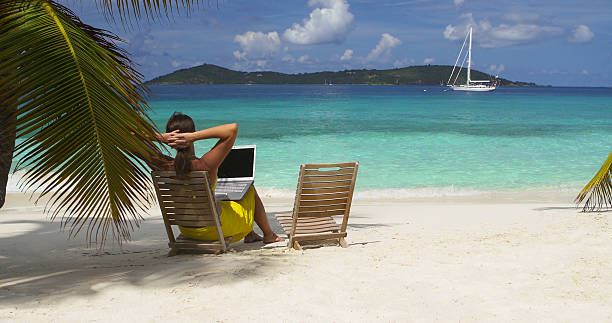 mulher de negócios, trabalhando com um laptop em uma praia das caraíbas - on beach laptop working imagens e fotografias de stock