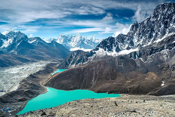 Beautiful snow-capped mountains with lake against the blue sky. Himalaya, Nepal