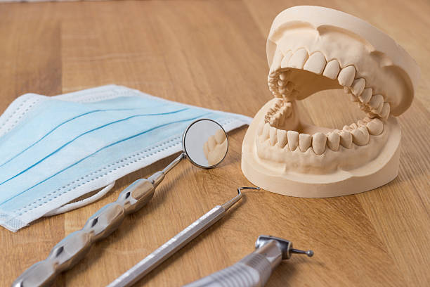istock Open dental mold of teeth with implements 533515581