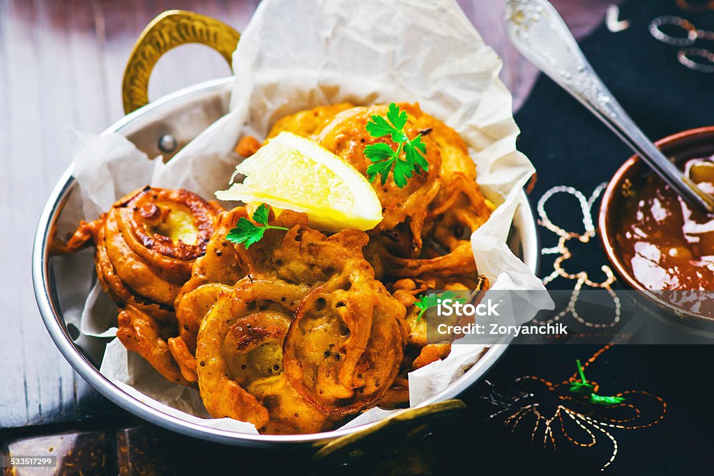 onions bhaji with mango chutney. Indian cuisine 2015 Stock Photo