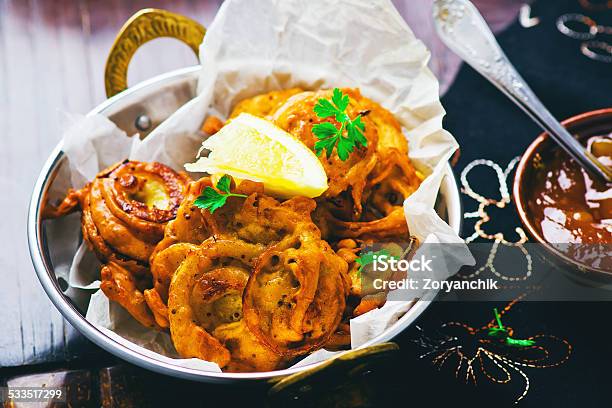 Onions Bhaji With Mango Chutney Indian Cuisine Stock Photo - Download Image Now - 2015, Appetizer, Asia