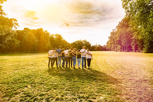 Friends walking in a park at sunset arm in arm Group of ten teenage friends are walking in a field at sunset while holding together. arm in arm stock pictures, royalty-free photos & images