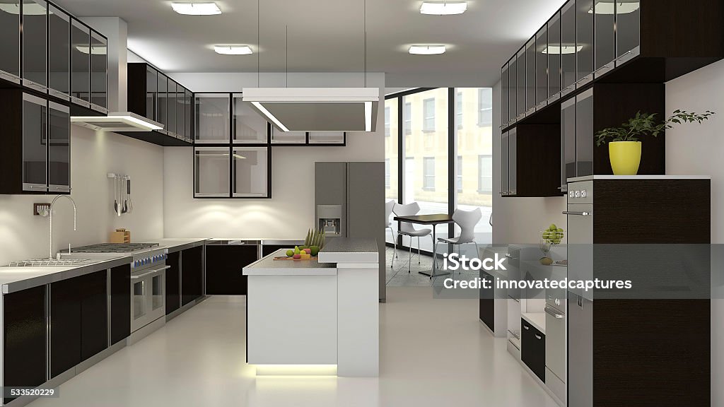 3D Render of a Commercial Restaurant Kitchen 3d interior of backroom kitchen in a restaurant or cafe 2015 Stock Photo