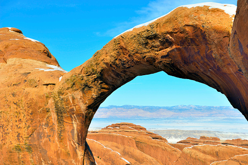 View from the Double-O-Arch in Devil's Garden in Arches National Park, Utah in winter