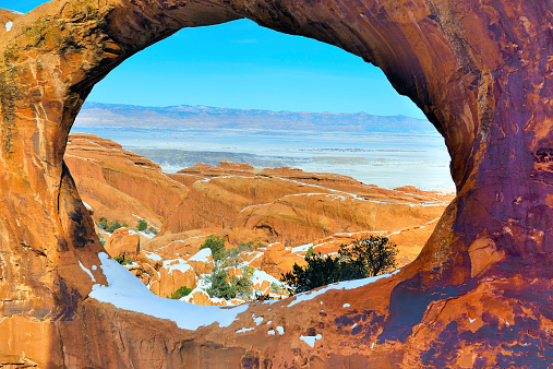 Upper part of the Double-O-Arch in Devil's Garden in Arches National Park, Utah in winter