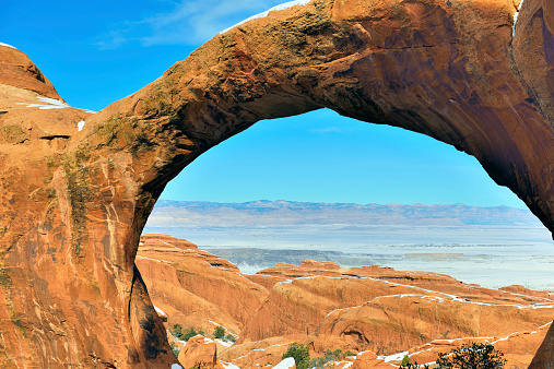 Double-O-Arch in Devil's Garden in Arches National Park, Utah in winter