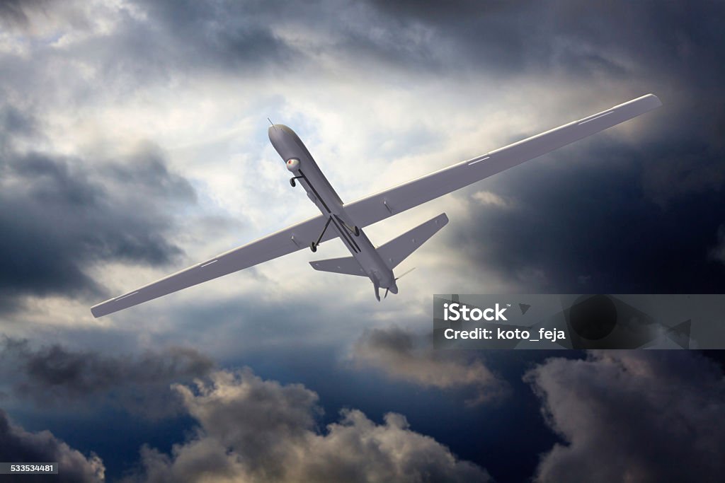 UAV bottom view Unmanned Aerial Vehicle (UAV), also known as Unmanned Aircraft System (UAS) - 3d rendered image Drone Stock Photo