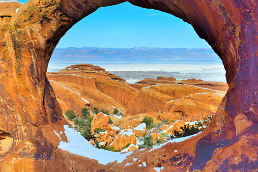 View from the Double-O-Arch in Devil's Garden in Arches National Park, Utah in winter