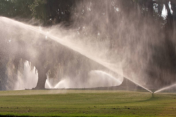 istock Sprinklers Pour Water Onto Golf Course Fairway 533535751