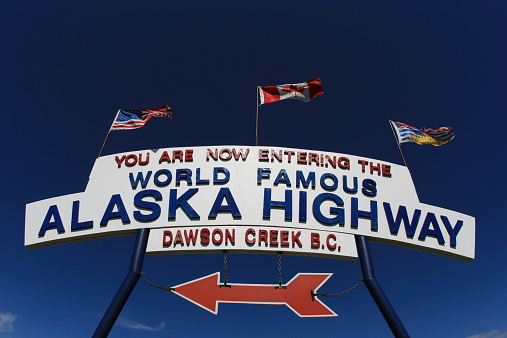 The big entry sign for the Alaska Highway in Dawson Creek, British Columbia.