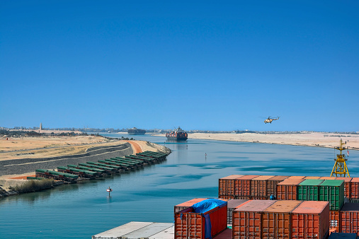Ship's convoy passing through Suez Canal