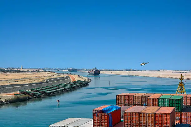 Ship's convoy passing through Suez Canal