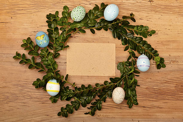 istock Easter eggs and twigs, blank card on wood 533552403