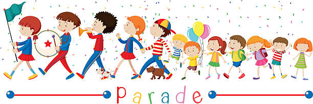 kinder und die band in die parade - parade stock-grafiken, -clipart, -cartoons und -symbole