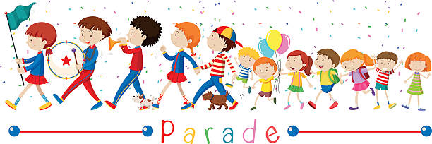 Children and the band in the parade Children and the band in the parade illustration parade stock illustrations