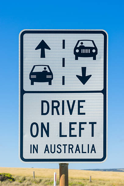 istock Australian road sign with arrows and drive on left message 533555840