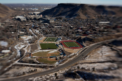 A bird's eye view of Golden, Colorado from Lookout Mountain using a Lensbaby Composer lens.
