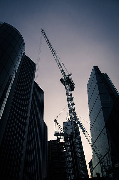 Silhouette of crane and skyscraper at evenig from below