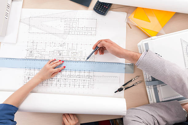 proyecto de edificios - drafting ruler architecture blueprint fotografías e imágenes de stock