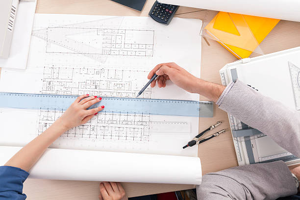 rysunek techniczny i kreślarstwo - drafting ruler architecture blueprint zdjęcia i obrazy z banku zdjęć