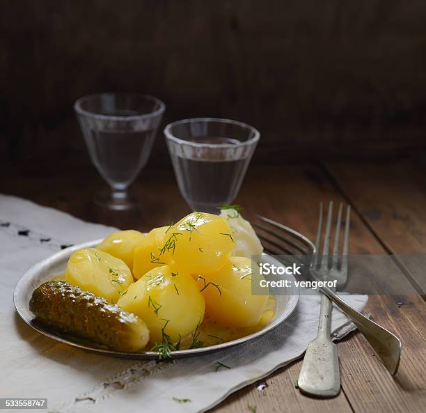 Boiled Potatoes Pickles And Vodka Stock Photo - Download Image Now - 2015, Backgrounds, Boiled