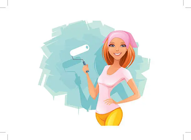 Vector illustration of woman paints the wall
