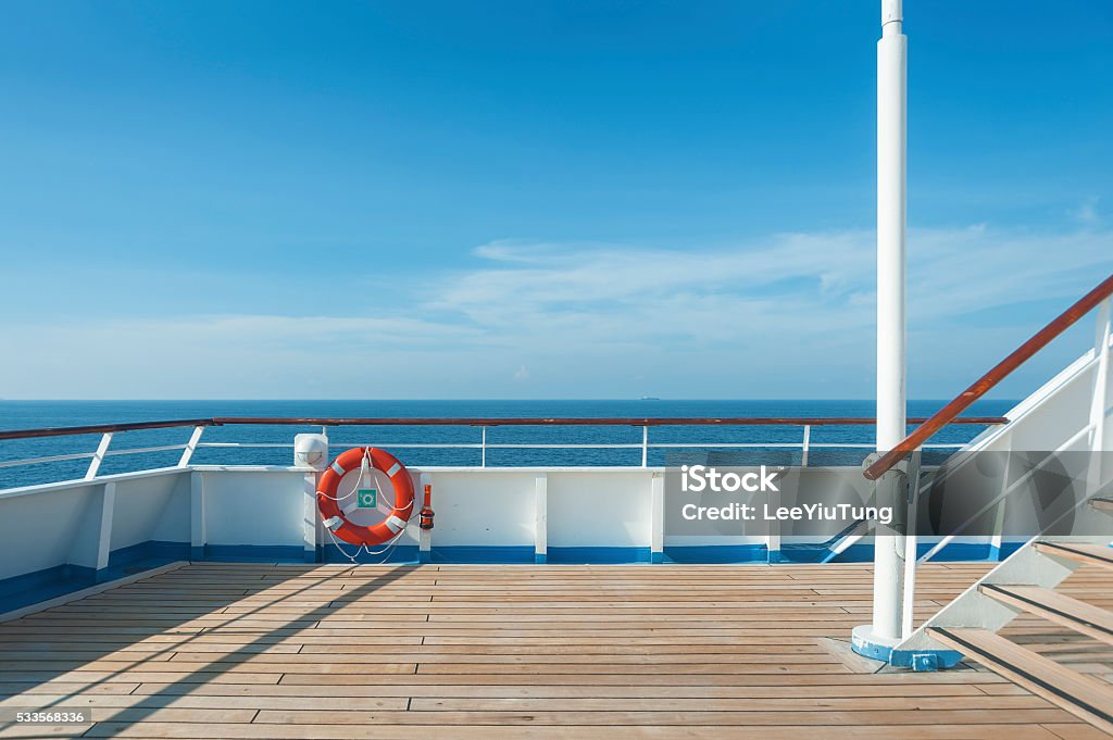 Ship deck, buoy and blue ocean Ship deck, buoy and blue ocean. Travel background Boat Deck Stock Photo