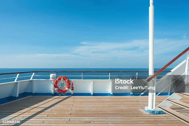 Ship Deck Buoy And Blue Ocean Stock Photo - Download Image Now - Boat Deck, Cruise - Vacation, Backgrounds