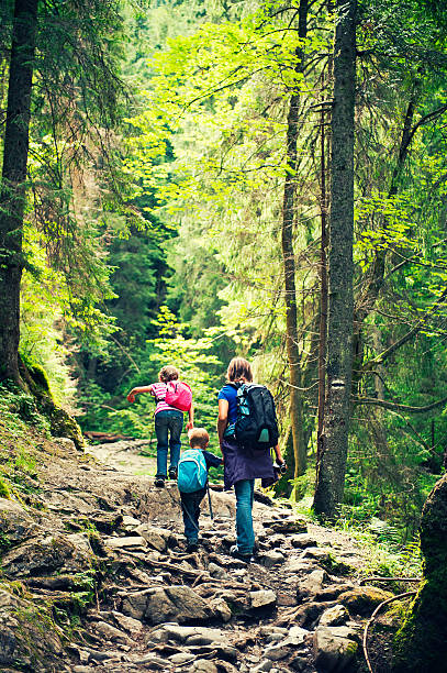 мать и детский пешие прогулки на сложных камень путь - tatra mountains healthy lifestyle leisure activity mountain стоковые фото и изображения