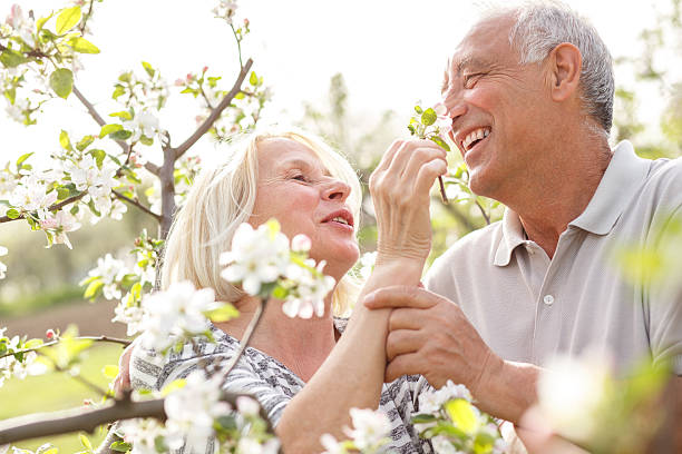 senior par disfrutar de un momento en su jardín - gardening senior adult action couple fotografías e imágenes de stock