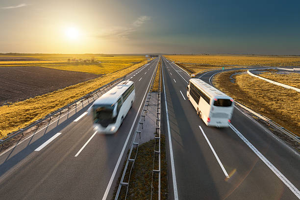 istock Fast travel buses on the highway at idyllic sunset 533570568