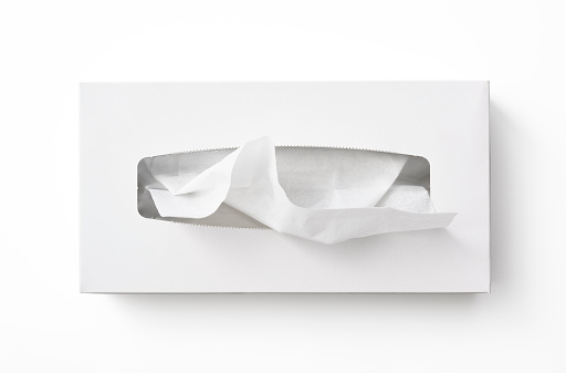 Overhead shot of opened blank tissue paper box isolated on white background with clipping path.